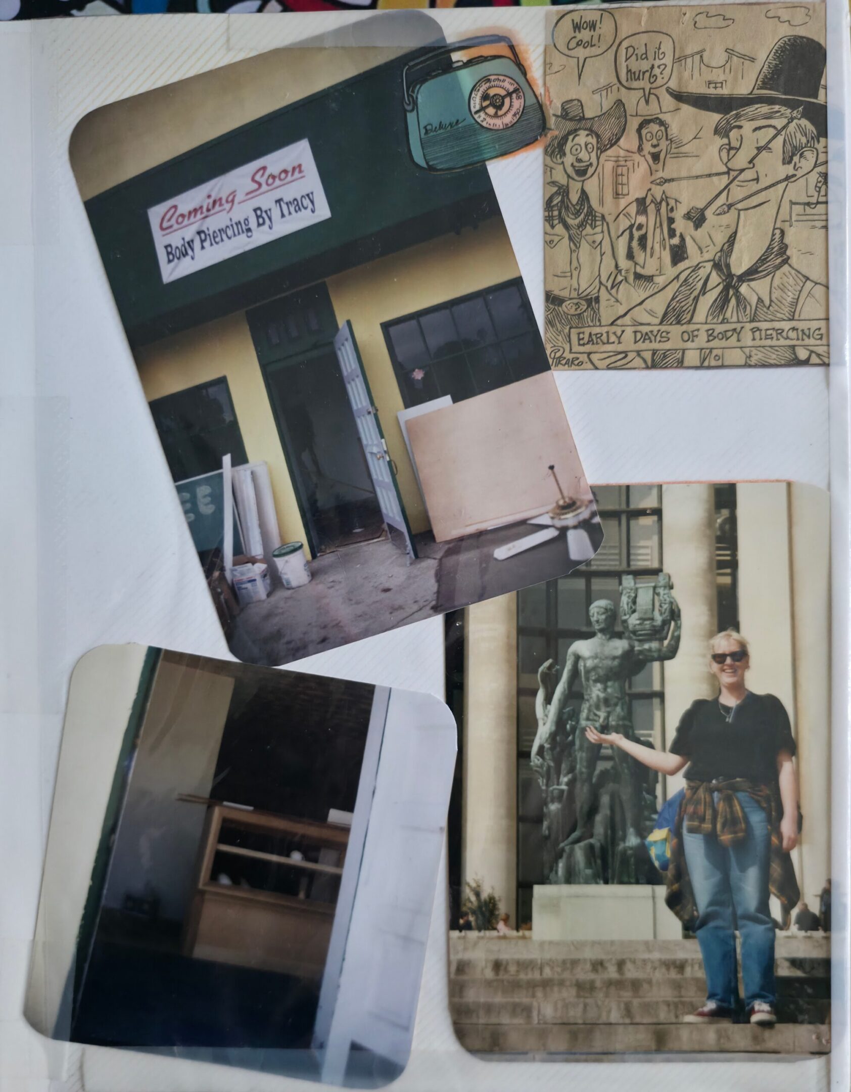 Four photos: a "Coming Soon" sign for Body Piercing by Tracy, two shots of a shop under construction, a drawing about body piercing, and a person posing by a statue.