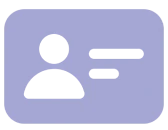 Icon of a generic ID card with a silhouette of a person on the left and two horizontal lines representing text on the right, on a purple background.