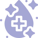 A purple icon of a droplet with a medical cross inside and sparkles around it, suggesting cleanliness or purification.